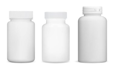 İlaç şişesi maketi. Vitamin kavanozu boş. İlaç takviye kapsülü şablonu. Reçeteli ilaç, plastik kap, gerçekçi tıbbi örnek. Vektör illüstrasyonu