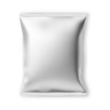 Patates cipsi folyo ambalaj modeli. Beyaz arka planda izole edilmiş çerez kesesi tasarımı. Lezzetli iştah açıcı dilimler için zarif gümüş kese şablonu, yaratıcı 3D paket tasarımı