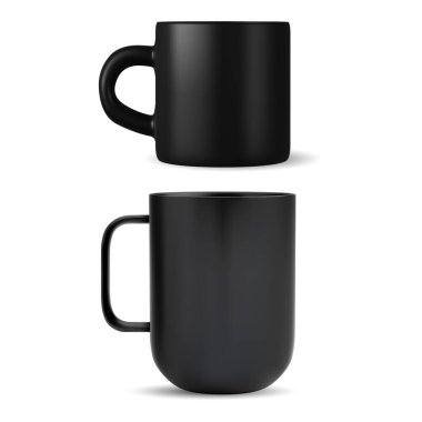 Kahve fincanı modeli. Beyaz üzerine izole edilmiş siyah seramik çay fincanı şablonu. Cam sofra takımı, porselen tabaklar. Kulplu kupa marka ürünleri için maket, gölgeli mat