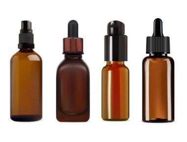 Kozmetik yağ damlası şişesi. Kahverengi cam serum özü şişesi. Gerçekçi pipet tasarımı. İlaç kolajen şişesi göz damlasıyla taklit edilir. Güzellik ürünü kehribar kavanozu, aromaterapi kabı.