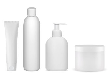 Kozmetik şişe koleksiyonu. Kozmetik paket modeli. Sabun pompası boş, krema kavanozu, şampuan şişesi, diş macunu tüpü tasarımı. Plastik şişe maketi.