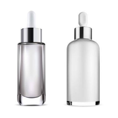 Düşürme şişesi. Şeffaf cam elzem yağ şişesi, vektör modeli. Kozmetik ürün serumu özü şişesi, gerçekçi paket tasarımı. Gümüş kapaklı göz damlası şişesi beyaza izole edilmiş.
