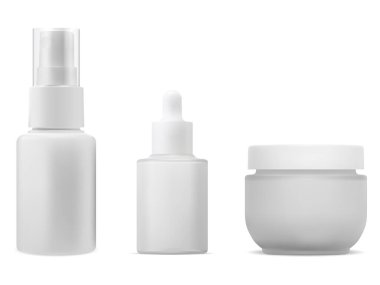 Kozmetik ürün şişesi maketi. Serum düşürücü, krema kavanozu, küçük sprey paketi. Gerekli yağ kabı. Yüz esansı için havasız sprey şişesi. Pudra yuvarlak kutusu, vektör şablonu