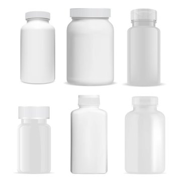 İlaç şişesi. Vitamin hapı kavanozu, plastik boşluk. İlave tablet tasarımı, ilaç kapsülü ilaç illüstrasyonu. Reçeteli eczane ürün ambalajlama
