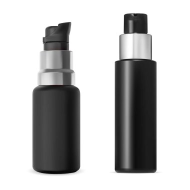 Pompa şişesi. Güzellik ürünleri maketi. Serum nemlendiricisi için havasız pompa kabı, cilt bakım temeli ambalajı. Küçük şeker şişesi, gümüş kupa.