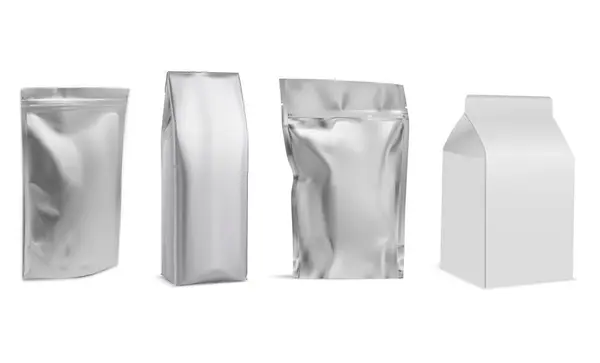 食品袋模板 咖啡箔包的造型设计 隔离在白色 零食片包装造型 拉链闭合 塑料糖袋空白插图 面粉或饼干容器 — 图库矢量图片#