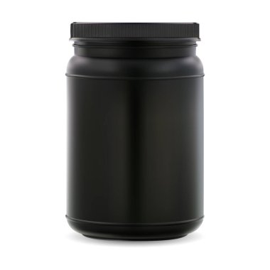 Protein tozu kavanozu. Spor destek şişesi, vektör şablonu. Siyah plastik kazan ambalajı çizimi. Beyaz protein gerçekçi silindir kavanozu örneği, sağlıklı beslenme gıdası. Yuvarlak hap paketi maketi
