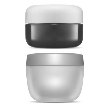 Krema kavanozu, plastik kabın modeli. Kapaklı yüz makyaj şişesi, gümüş boş. Deri yağı kavanozu şablonu, temiz tasarım çizimi. Güzellik kozmetik jel paketleme