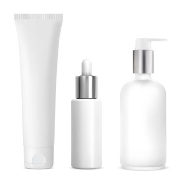 Gerçekçi kozmetik şişe seti. Pompa şişesi, serum kutusu. Kozmetik krem tüp tasarımı. Gümüş kaplamalı havasız losyon tabakası, minimalist güzellik afişi için hazırlanıyor.
