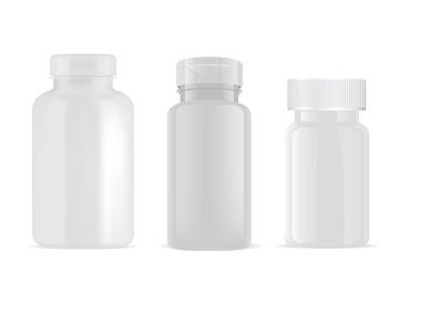Beyaz takviye şişesi modeli. Tıbbi hap kavanozu tasarımı, vektör kabı şablonu. Reçeteli ilaç paketi boş, antibiyotik eczane yapabilir. Etiketsiz yapışkan vitamin şişesi