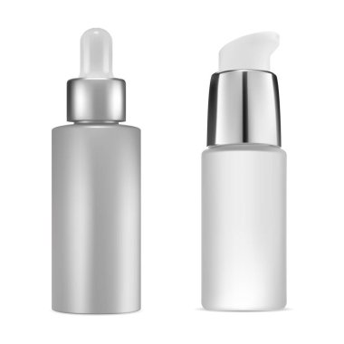 Yüz derisi serumu düşürücü şişesi, kolajen özü kozmetik. Gerçekçi doğal aroma yağı esansı matarası şablonu. Tıbbi tedavi pipeti göz damlası çizimi. Sıvı parfüm şişesi