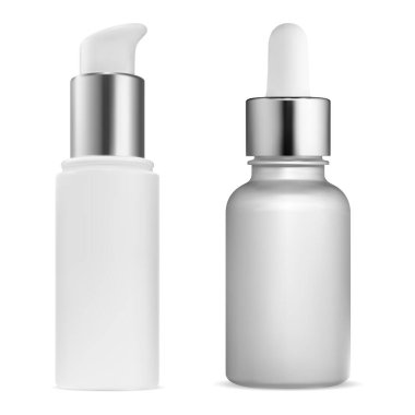 Küçük şişe maketi. Serum yüzü temiz kozmetik, izole edilmiş 3 boyutlu vektör şablonu. Esans yağı için havasız dağıtıcı paketi, mini flakon. Deri nemlendirici ilaç şişesi. Temel ürün şişesi