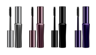 Göz maskarası fırçası aplikatörü, moda makyaj malzemesi. Gerçekçi kadın aksesuar seti, göz kalemi tasarım koleksiyonu. Çekici kız için göz kamaştırıcı kirpik makyaj ürünü