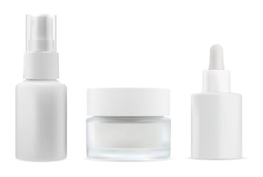 Havasız sprey, krema kavanozu, serum düşürücü, kozmetik şişe seti, vektör modeli. Yüz bakımı serumu flakon. Nemlendirici sprey şişesi. Yuvarlak allık tozu kavanozu modeli.