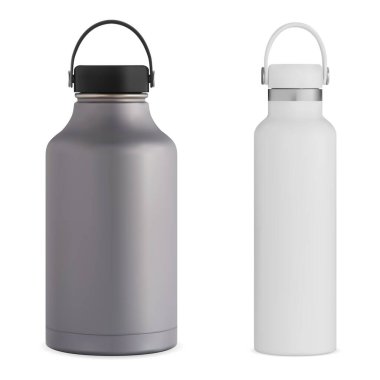 Çelik metal su şişesi vektör çizimi, yeniden kullanılabilir termos paket şablonu. Turizm, bisiklet ya da tırmanma sporu tenekesi. Saplı yalıtılmış alüminyum kap, promosyon boş