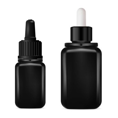 Siyah cam kozmetik serum düşürücü seti. Pipette kavanoz vektör modeli. Gerekli yağ damlası şişesi. Kolajen özü göz damlası şişesi, gerçekçi şablon boş. Göz ya da yüz bakımı