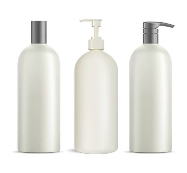 Şampuan ve duş jeli kutusu seti. Spa kozmetik kavanoz vektör modeli. Banyo hijyen beyazı plastik şişe koleksiyonu. Krema ya da sabun köpüğü şablonu, izole