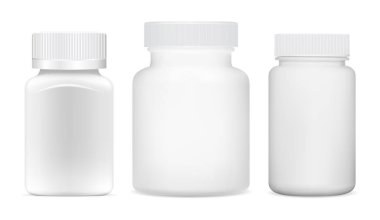 Beyaz hap şişesi modeli. Eczane destek kavanozu, vektör şablonu. İzole uyuşturucu kapsülü şişesi, gerçekçi 3 boyutlu illüstrasyon. Spor vitamin paketleme seti, beyaz plastik boş. Reçete hapları...