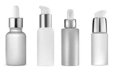 Yüz serumu şişesi maketi. Cilt bakımı kozmetik ürünleri, temel yağ damlası kabı, beyaz arka planda izole edilmiş. Nemlendirici kolajen tedavisi havasız ambalaj ürünü. Göz damlası pipet şişesi.