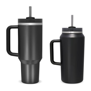 Seyahat kupası, kahve, termo şişe maketi. Sıcak ya da soğuk, paslanmaz çelik konteynır. Tumbler termos, siyah plastik boş tasarım. Yalıtılmış termo bardak, taşınabilir vakum seti.