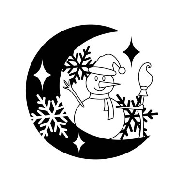 Christmas elements with a crescent moon in a line art style. Winter graphic icon. Celestial vacation doodle. Creative Xmas festival outline linear design. Isolated on white.  clipart