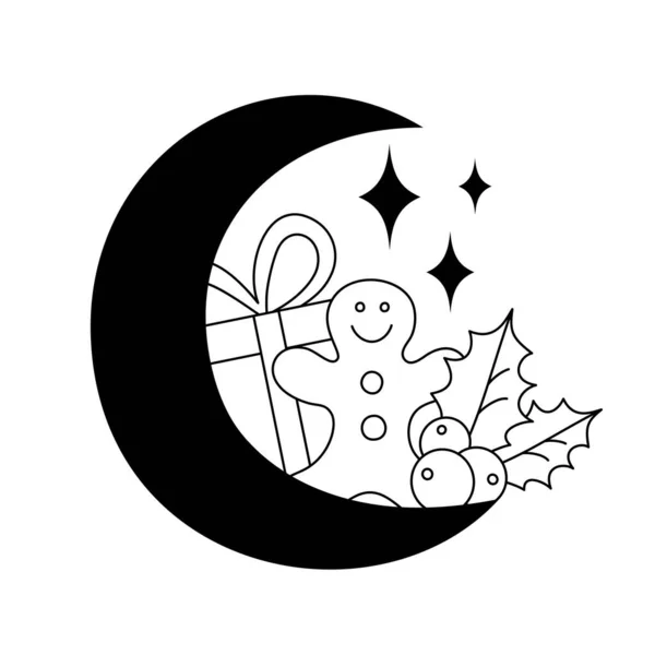 Éléments Noël Avec Croissant Lune Dans Style Line Art Icône — Image vectorielle
