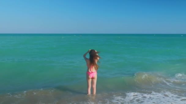 Tall Woman Long Hair Back Beach Mediterranean Sea Waves Background — Stock Video