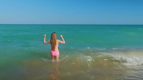 Vysoká Žena Dlouhými Vlasy Zad Pláži Středozemní Moře Vlnami Pozadí — Stock video