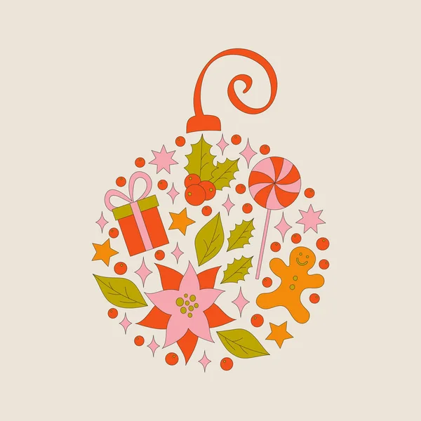 ポインセチアと葉を持つおもちゃの形で70年代スタイルのクリスマス要素 メリークリスマス休暇コレクション 果実と冬のシンプルなミニマリストの背景 1970年の良い振動 ベクターイラスト — ストックベクタ
