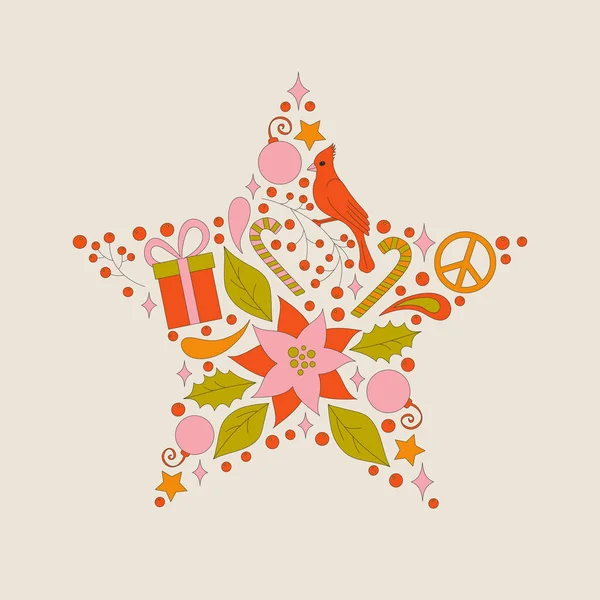 ポインセチアと葉を持つ星の形をした70年代スタイルのクリスマス要素 メリークリスマス休暇コレクション 果実と冬のシンプルなミニマリストの背景 1970年良い振動 — ストックベクタ