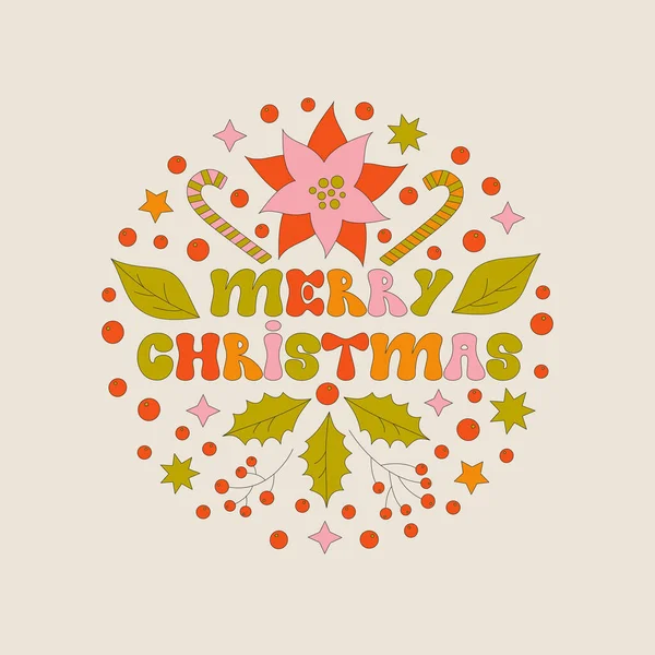 Éléments Noël Style Années Forme Cercle Avec Poinsettia Feuilles Joyeux — Image vectorielle