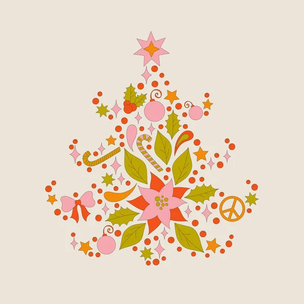 ポインセチアと葉を持つ木の形をした70年代スタイルのクリスマス要素 メリークリスマス休暇コレクション 果実と冬のシンプルなミニマリストの背景 1970年良い振動 — ストックベクタ