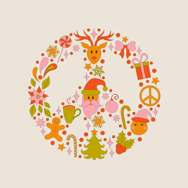 ポインセチアと葉を持つレトロフレーム70年代スタイルのクリスマス要素 メリークリスマス 果実と冬のシンプルなミニマリストの背景 1970年の良い振動 ベクターイラスト — ストックベクタ