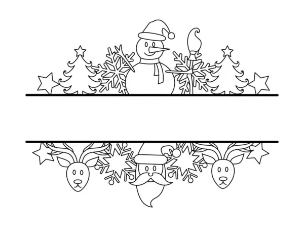 框架与圣诞元素的线条艺术风格 冬季图形边界设计 度假涂鸦 创意圣诞大典勾勒出线性横幅 与白种人隔离 — 图库矢量图片