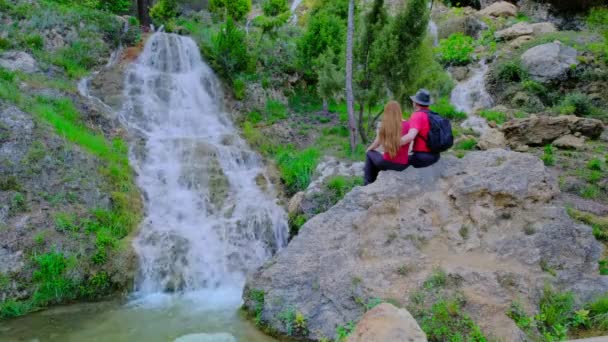 Couple Sitting Stone Raising Hands Cheering Hiking Nature Green Forest — Stock Video