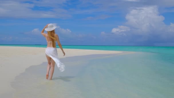 Donna Bikini Sta Camminando Femmina Felice Alle Maldive Oceano Blu — Video Stock