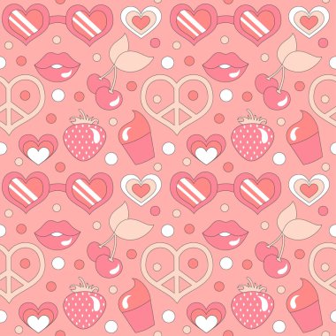 Kusursuz sevgililer günü şablonu, geçmişe dönük kalpler ve ışıltılarla. Yaz sade minimalist kalbi. 70 'ler tarzı aşk. Renkli pembe arka plan. Vektör illüstrasyonu.