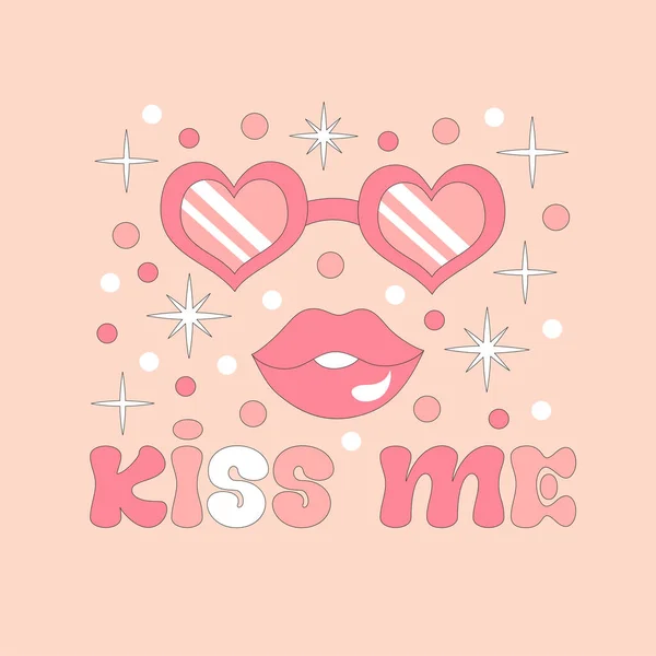 Retro 70S Style Kiss Text Groovy Hippie Backgrounds Valentines Day — Stock Vector
