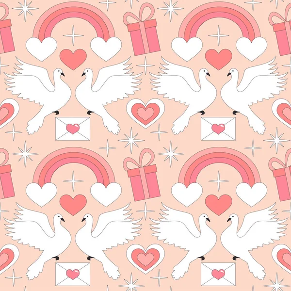 Seamless Valentines Day Pattern Retro Hearts Pigeons Summer Simple Minimalist — Stock Vector