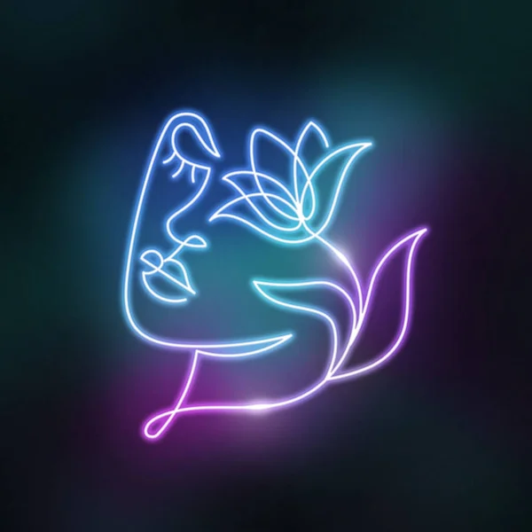 現代的な抽象的なミニマリストワンラインスタイルの女性のネオン顔 チューリップの花の照明 連続シンプルな線形未来的な電気照明デザイン ターコイズシアン色 — ストック写真