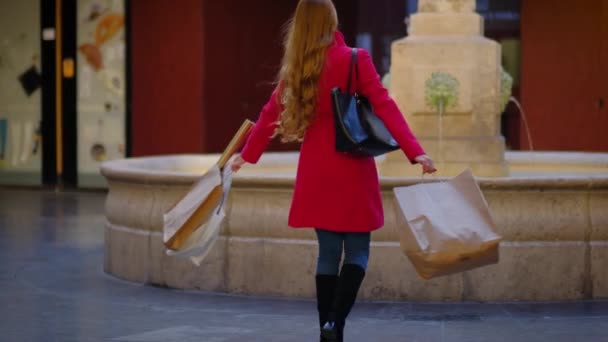 Young Attractive Woman Shopping Bags Old City Long Hair Female — Vídeos de Stock