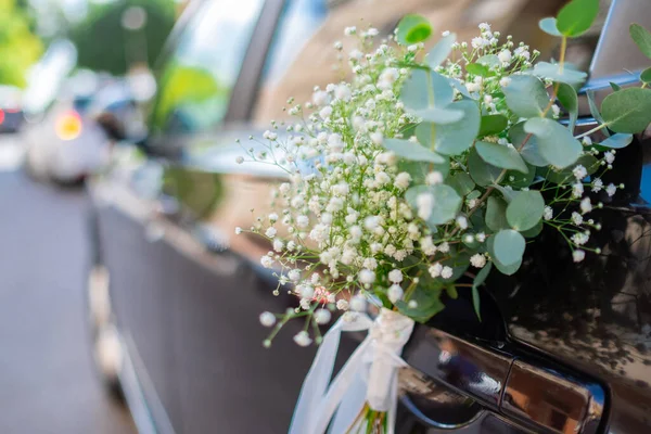 Close Luxury Wedding Car Flowers Decoration Nuptial Event Beautiful Gypsophila —  Fotos de Stock