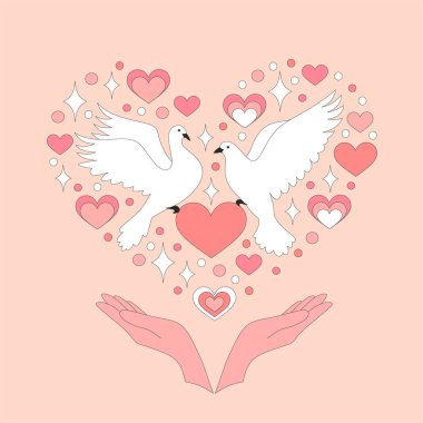 Retro 70s style groovy hippie backgrounds. Valentines Day funky print with pigeons and hands. Colorful background. Vector hippie illustration. Heart shape. 