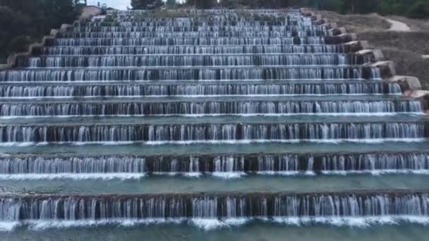 Man Made Beautiful Large Waterfall Many Stairs Aerial Drone View — Vídeo de Stock