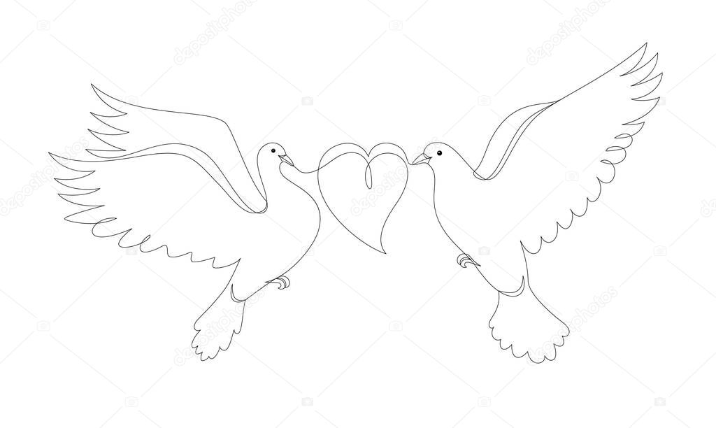 Pigeons in a modern abstract minimalist one line style with a heart. Symbol of peace and love. Continuous black line simple drawing. Vector fashion illustration.