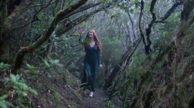 Beautiful woman in an elf costume is walking in a magic green enchanted forest. Redhead girl with a long hair. Trees covered with most on the background. 