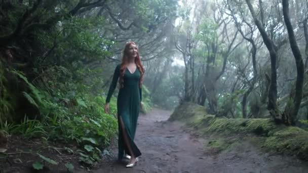 Beautiful Woman Elf Costume Walking Magic Green Enchanted Forest Redhead — ストック動画