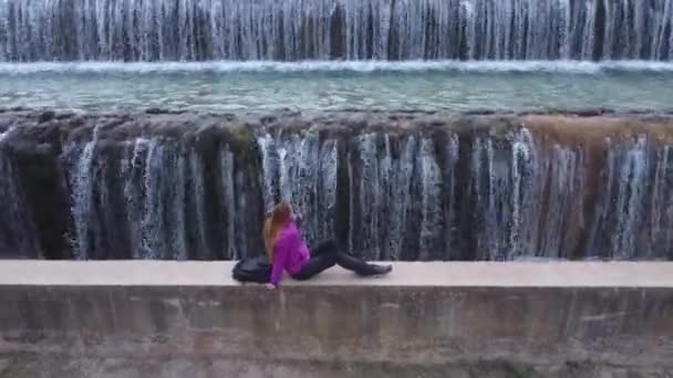 Woman Resting Man Made Beautiful Large Waterfall Many Stairs Aerial — Stock Video