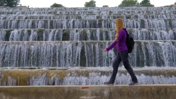 Woman Walking Jumping Man Made Beautiful Large Waterfall Many Stairs — Video Stock
