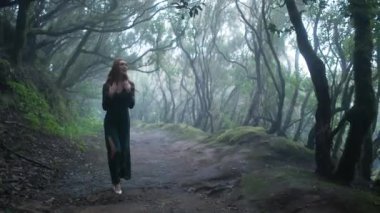 Beautiful woman in an elf costume is walking in a magic green enchanted forest. Redhead girl with a long hair. Trees covered with most on the background. 